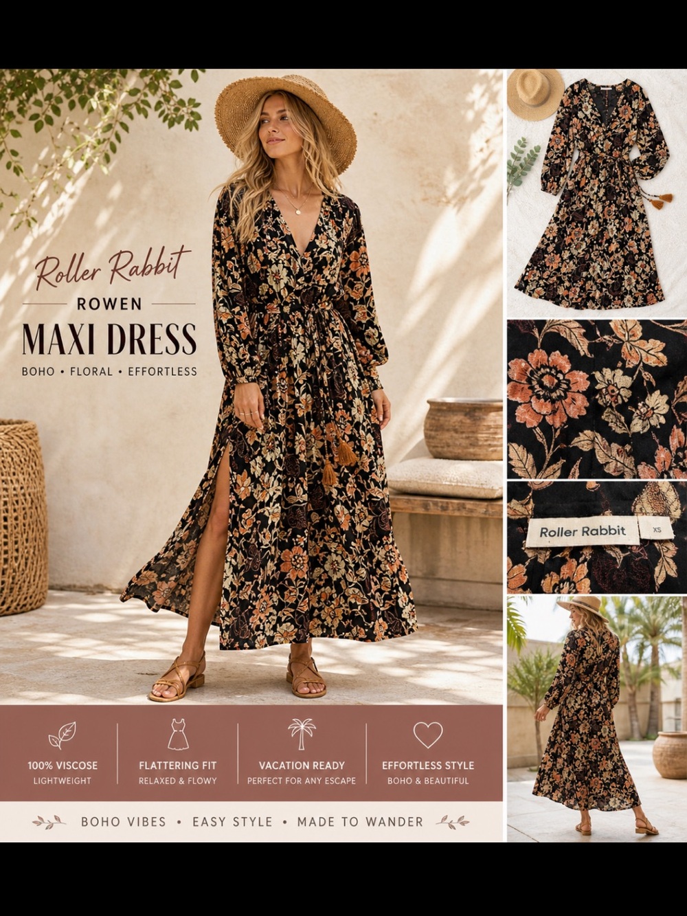 Roller Rabbit Rowen Maxi Dress Floral Boho Viscose Long Sleeve XS beach